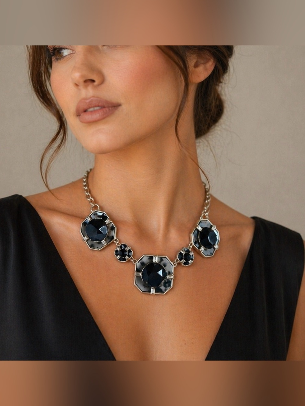 Ann Taylor Necklace Statement Gold Black Rhinestone